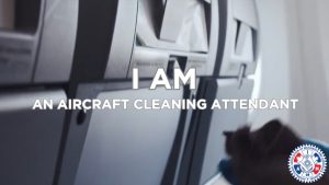 Air plane seat back with I AM Aircraft cleaning attendent
